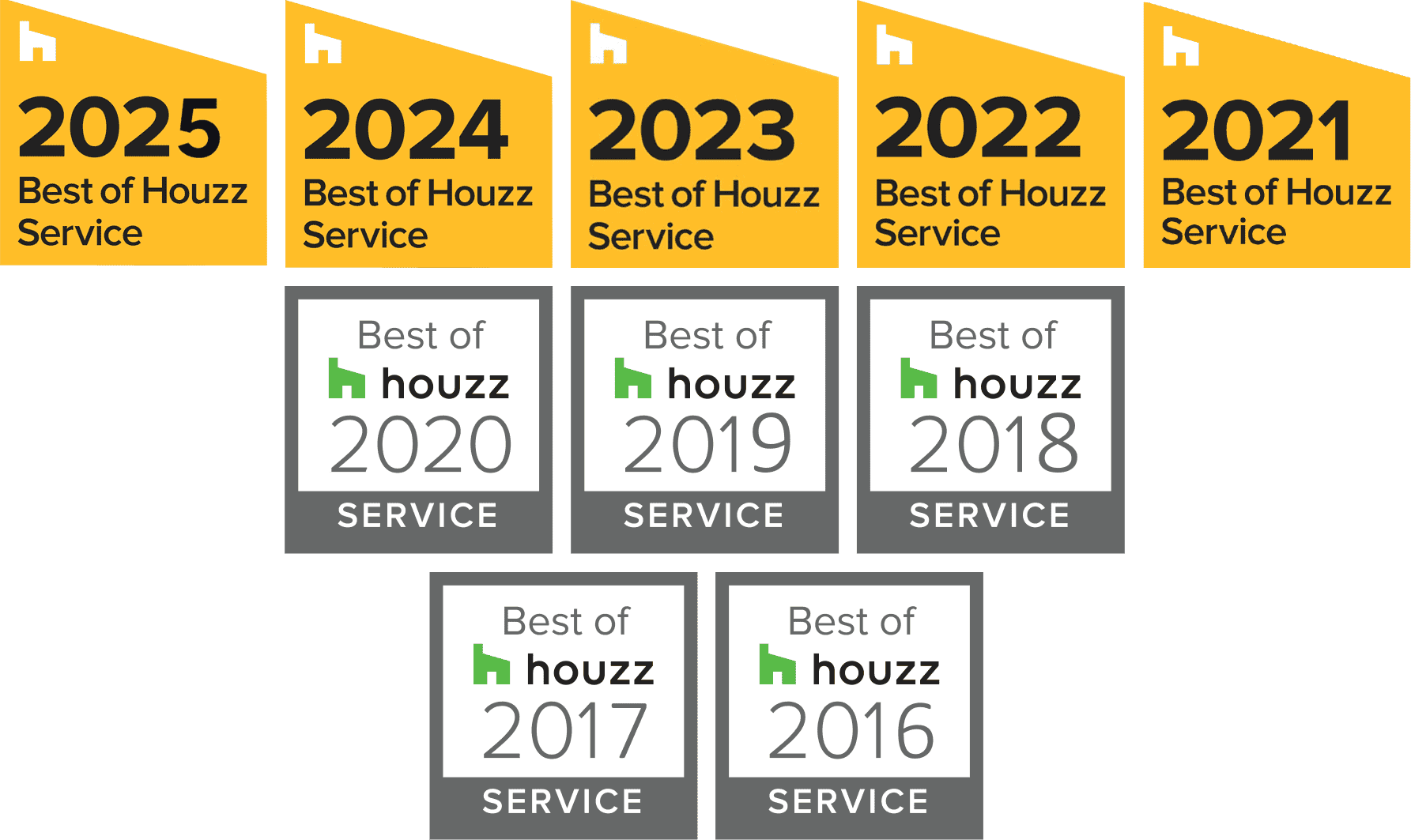 Best of Houzz Award logos from 2016 to 2025