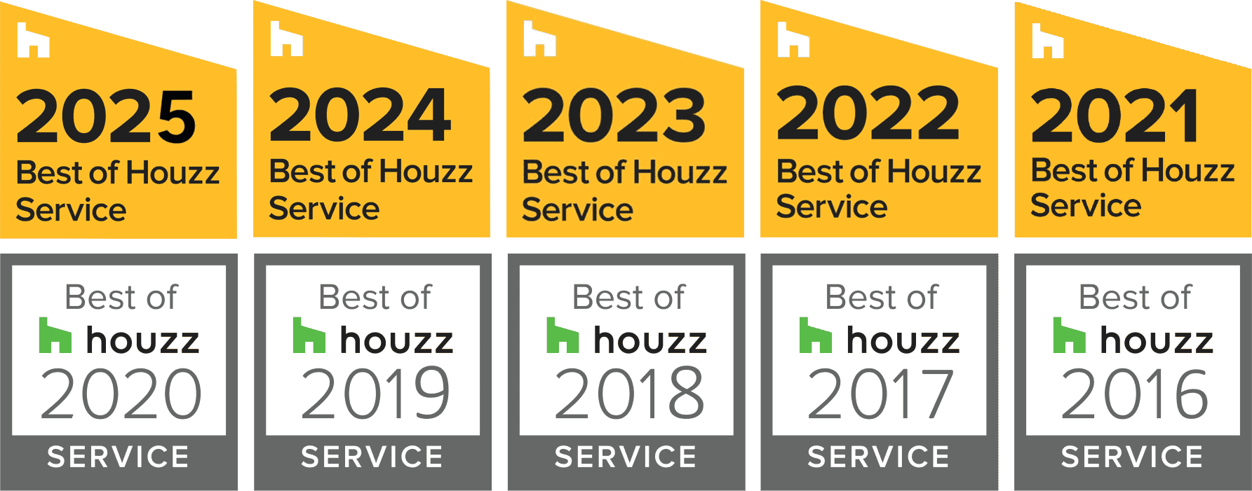 Best of Houzz Award logos from 2016 to 2025